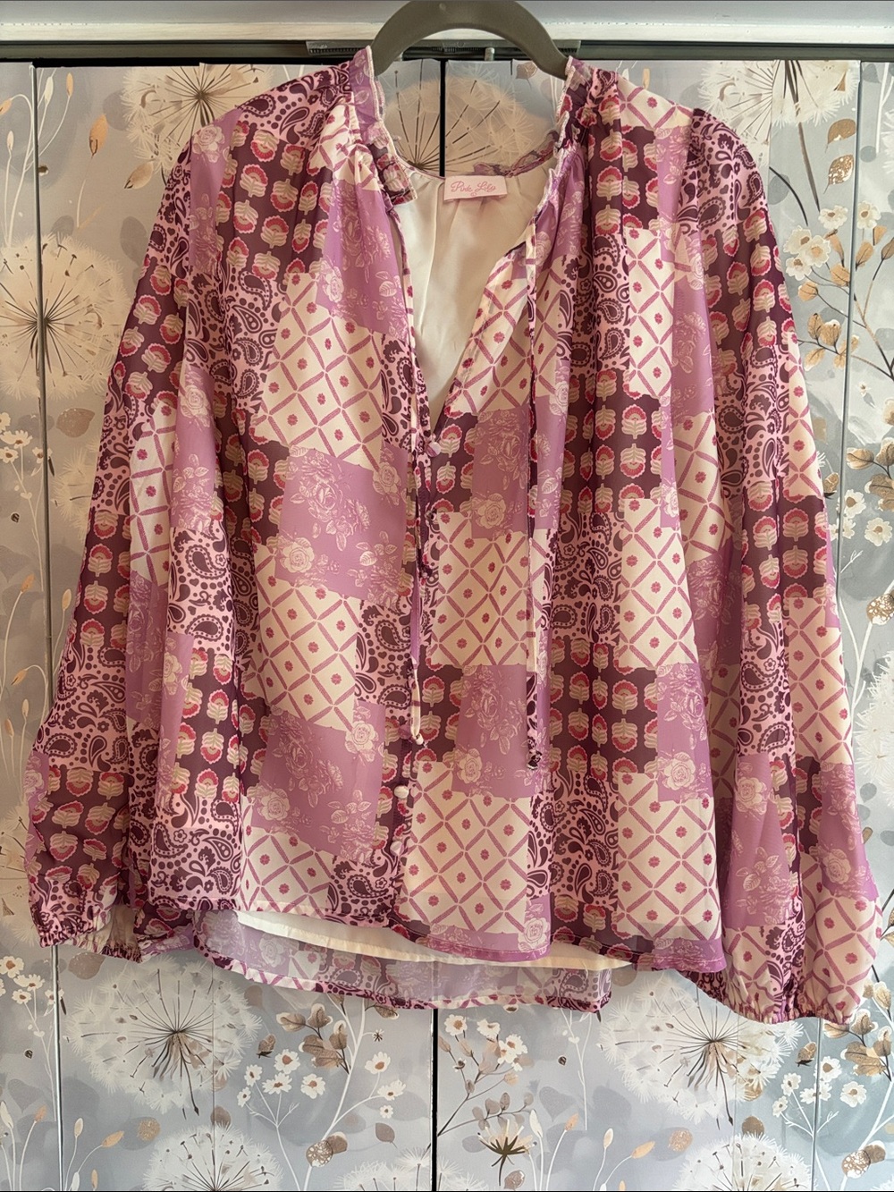 Pink Lily Patchwork-Print Long-Sleeve Blouse